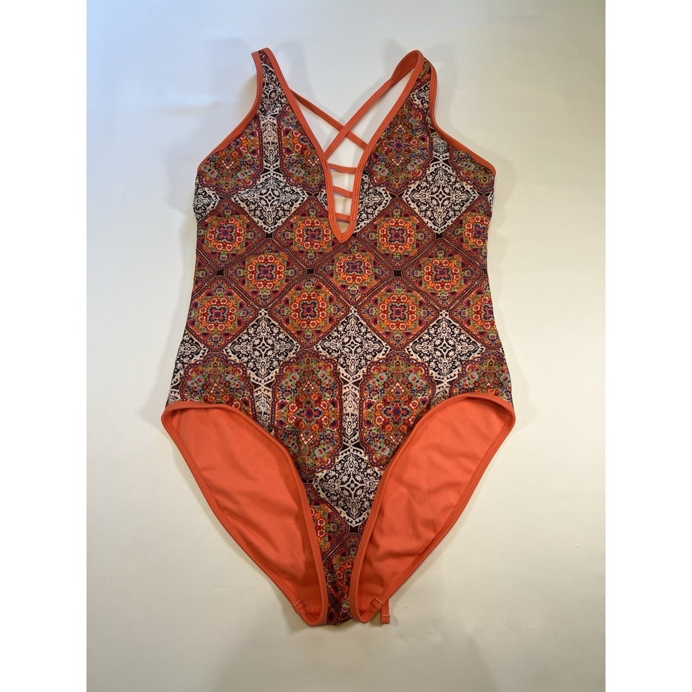 Indigo Rain Women's One Piece Peach Abstract Print Swimsuit Size XL Cross Straps